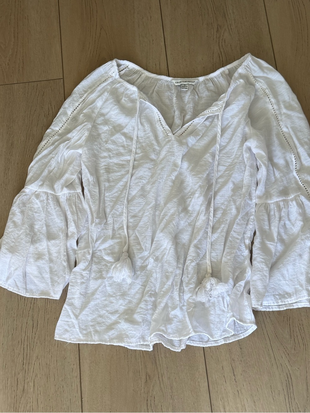 Cute Flowy White Blouse with Bell Sleeves and Tie in the front